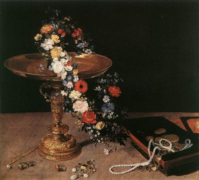 Brueghel. Nature morte avec guirlande de fleurs et coupe dorée (1618)