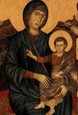 Cimabue. La Vierge et l'Enfant en majesté entourés d'anges (v. 1280). Détail.