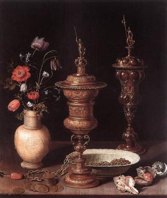 Clara Peeters. Nature morte aux coupes, fleurs et coquillages (1612)