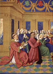 Jean Fouquet. Heures d'Étienne Chevalier. Saint Etienne présentant Étienne Chevalier (1452-60)