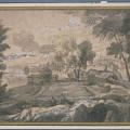 Gaspard Dughet. Bâtiments de ferme dans un paysage, avec deux personnages (17e s.)