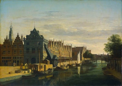 Gerrit Berckheyde. Maison de pesée et grue sur la Spaarne à Haarlem (1670-85)