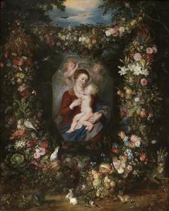 Jan Brueghel de Velours et Rubens. Vierge à l'Enfant entourée de fleurs et de fruits (fin 16e siècle)