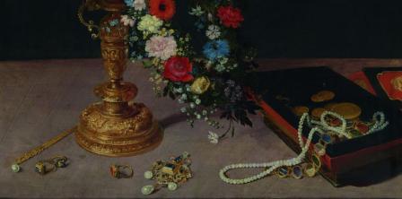 Jan Brueghel de Velours. Nature morte avec guirlande de fleurs et coupe, détail (v. 1618)