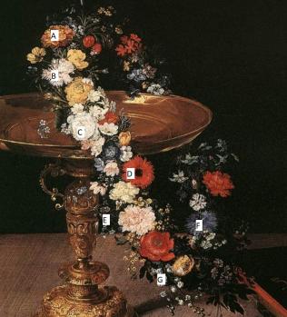 Jan Brueghel de Velours. Nature morte avec guirlande de fleurs et coupe, détail (v. 1618)