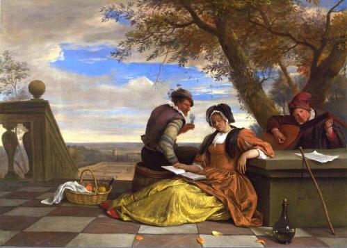 Jan Steen. Deux hommes et une femme jouant de la musique sur une terrasse (1670-75)