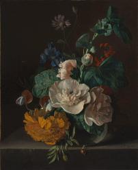 JJan van Huysum. Nature morte avec rose trémière et œillet d'Inde (v. 1718)