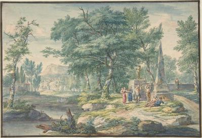Jan van Huysum. Paysage arcadien avec figures jouant de la musique (début 18e s.)