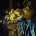 Jean-Baptiste Monnoyer. Nature morte aux fruits, plat en faïence et cruche dorée (1655-70)