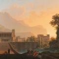 Jean-Pierre Péquignot. Paysage classique avec des bâtiments au coucher de soleil (v. 1800)