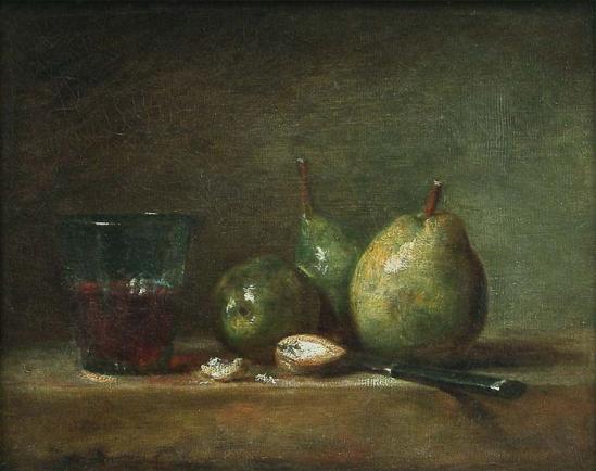 Jean-Siméon Chardin. Poires, noix et verre de vin (v. 1768)