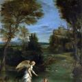 Le Dominiquin. Paysage avec Tobie attrapant le poisson (1613)