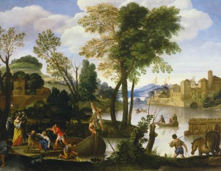 Le Dominiquin. Paysage fluvial avec batelier et pêcheurs (v. 1605)