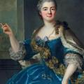 Marianne Loir. Portrait de jeune femme en robe bleue tenant une couronne de fleurs (1745-69)
