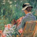 Mary Cassatt. Lydia assise dans le jardin avec un chien sur ses genoux (v. 1880)