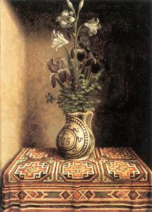 Memling. Jeune homme priant et vase de fleurs, revers (1485-90)