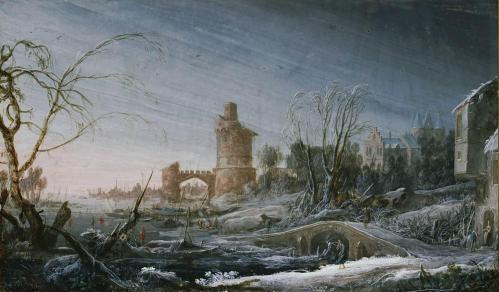 Pierre-Antoine Patel. Paysage d'hiver avec pont et château (1693)