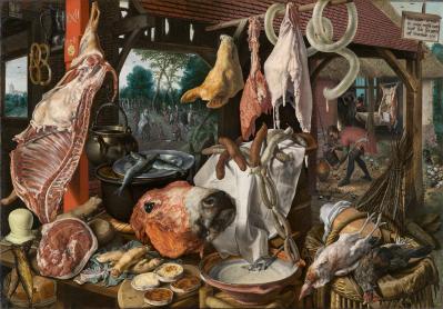 Pieter Aertsen. Étal de boucher avec la fuite en Égypte (1551)