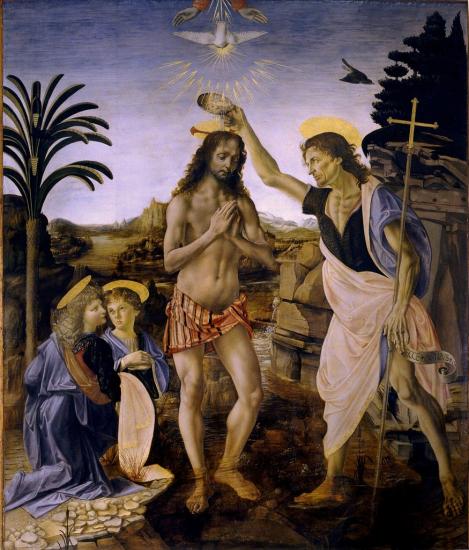 Verrocchio & Vinci. Le baptême du Christ (1472-75).